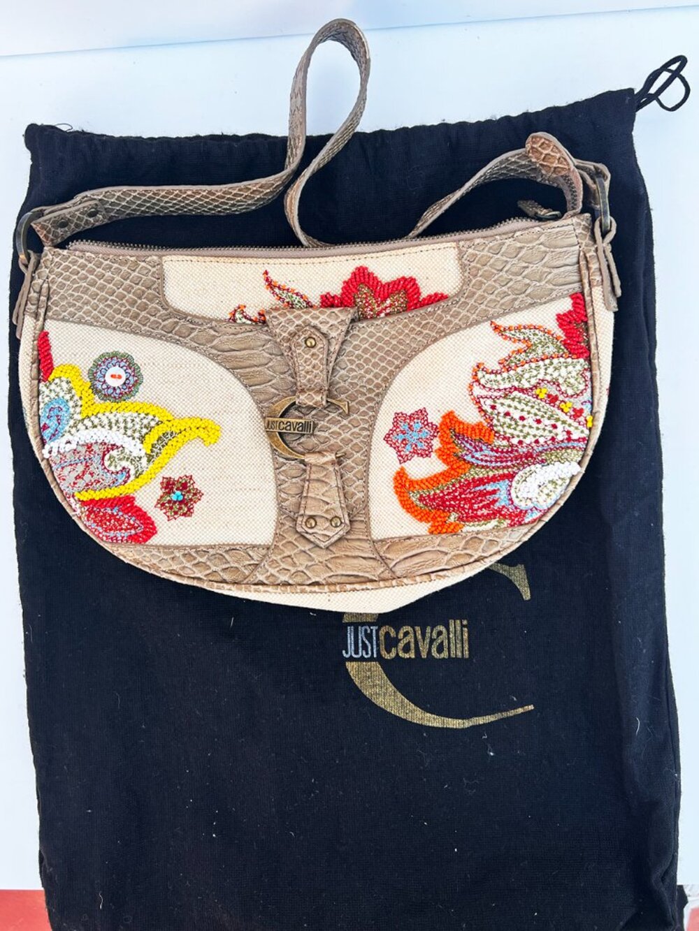 Just Cavalli Y2K Boho Beaded Canvas Shoulder Baguette Bag Dustbag - Picture 10 of 14